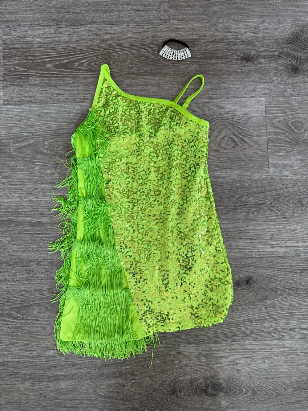 Girls Neon Green Sequin Fringe Dance Costume Dress